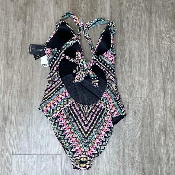 Bar III Women's Neon Tribal Plunging Neckline Tie Back One-Piece Swimsuit sz XS - Picture 3 of 3